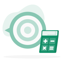 A goal calculator tool from Spring Money is depicted with an archery target and a calculator placed nearby, symbolizing the precision and planning involved in achieving financial goals