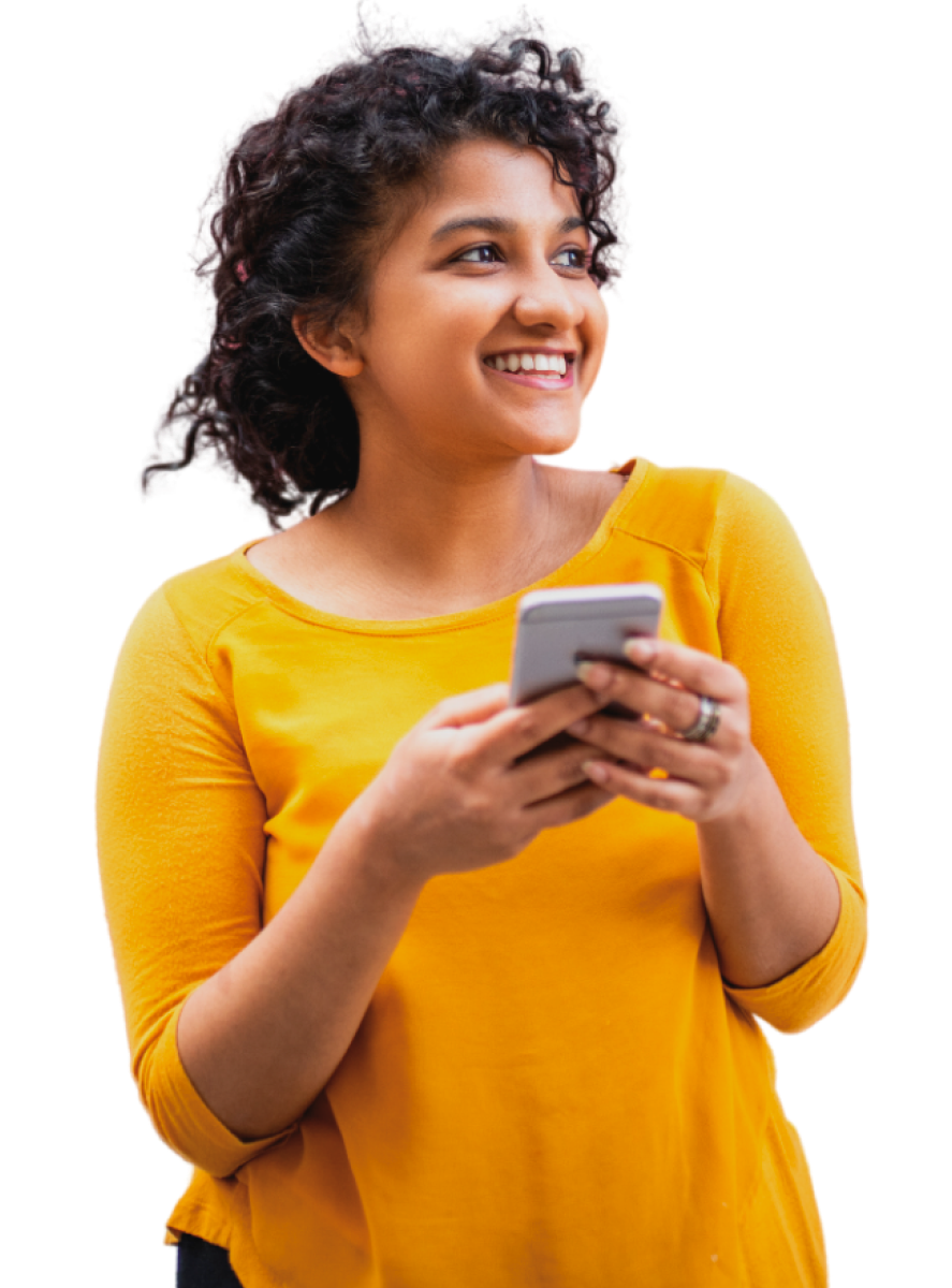 A young student smiling and holding a phone, showcasing the Spring Academy app on the screen, and expressing excitement about learning financial literacy.